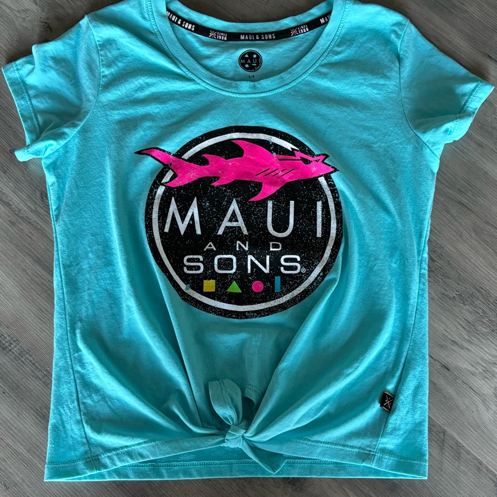 3/$25 Maui and Sons Turquoise Tee with Pink Logo and Tie Up Front
